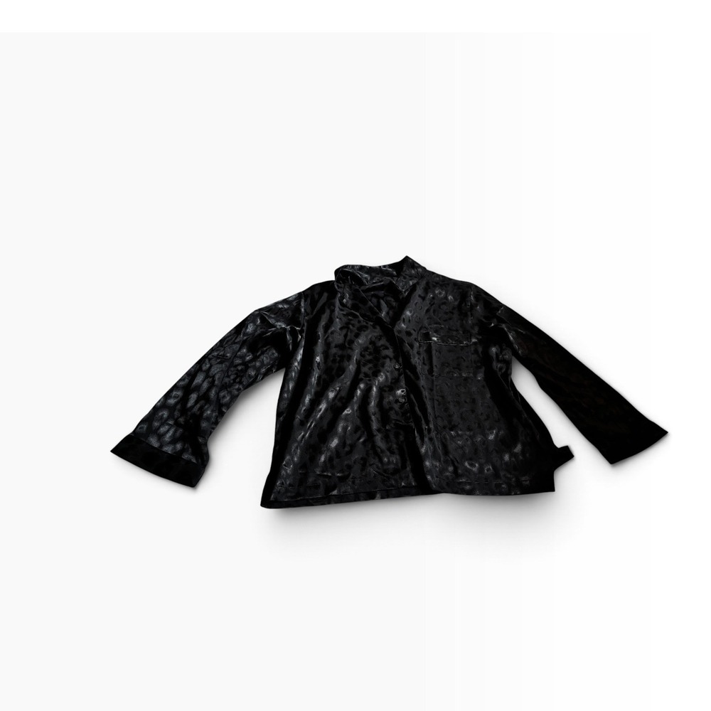 Natori Button Down Shirt XL Black Leopard Jacquard Satin Pajama Top
